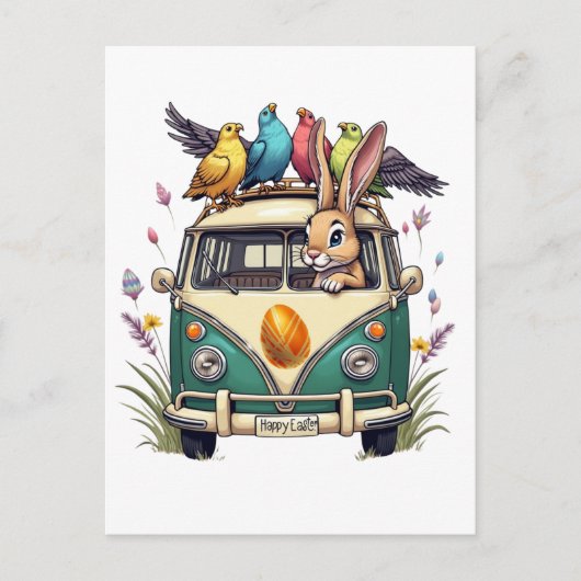 鳥の友人とバスのイースターバニー – 春Ce ポストカード (正面)