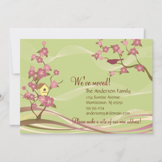 鳥の家の移動発表平らなカード緑 案内状 (正面)