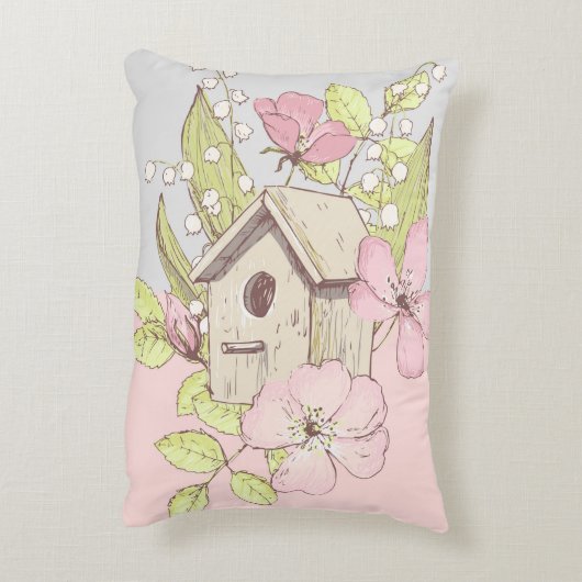 鳥の家の花のカラーブロック アクセントクッション (裏面(縦))