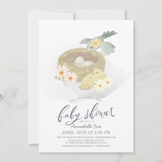 鳥の巣のフローラガールバーチャル赤ちゃんシャワー 招待状 (正面)