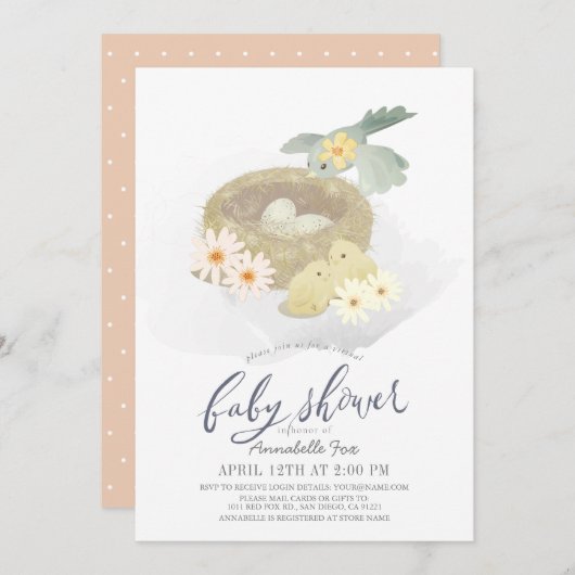 鳥の巣のフローラガールバーチャル赤ちゃんシャワー 招待状 (正面/裏面)