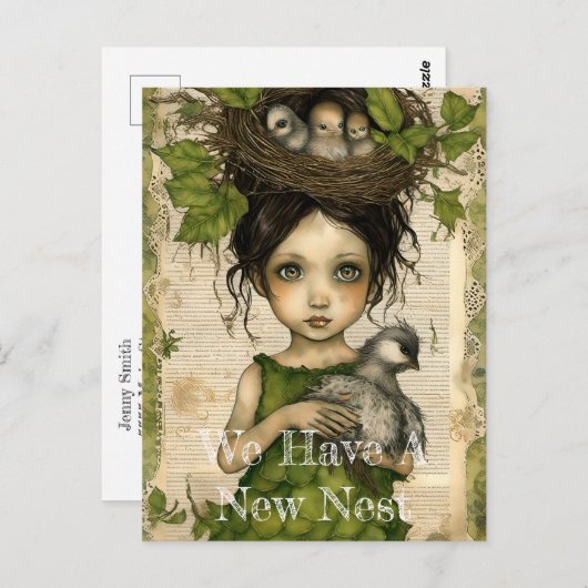 鳥の巣の人形のコラージュの移動の発表 ポストカード (正面/裏面)