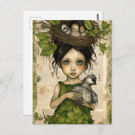 鳥の巣の人形コラージュ ポストカード (正面/裏面)