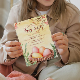 鳥の巣の卵とフローラ黄ハッピーイースター 招待状