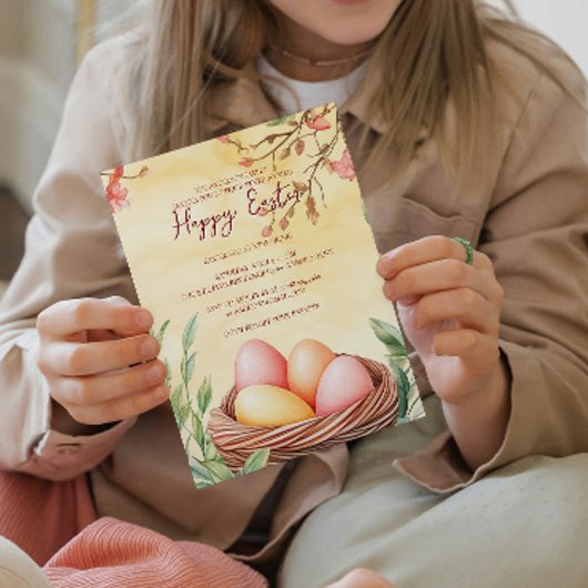 鳥の巣の卵とフローラ黄ハッピーイースター 招待状