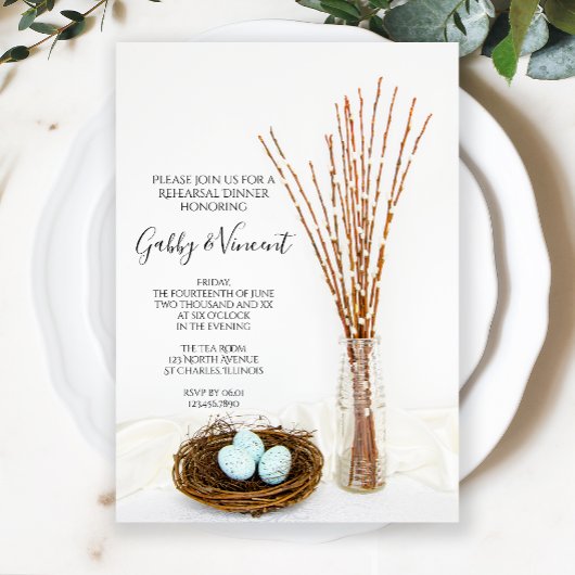 鳥の巣の卵とプッシー柳リハーサルディナー 招待状