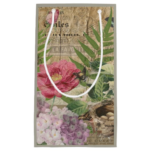 鳥の巣の花の庭の花と蝶のアート スモールペーパーバッグ (正面)