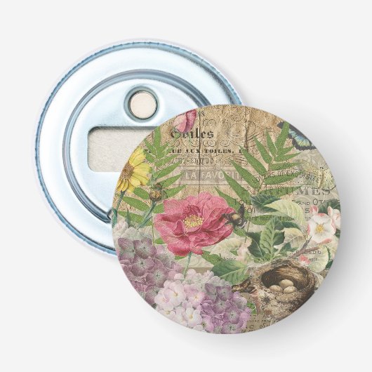 鳥の巣の花の庭の花と蝶のアート 栓抜き (正面)