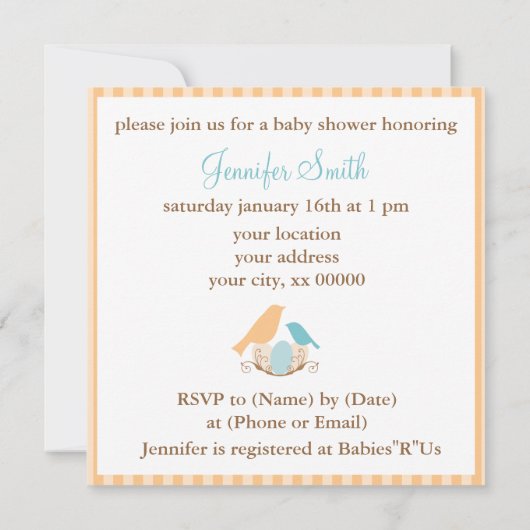 鳥の巣の赤男女兼用ちゃんシャワー 招待状 (裏面)