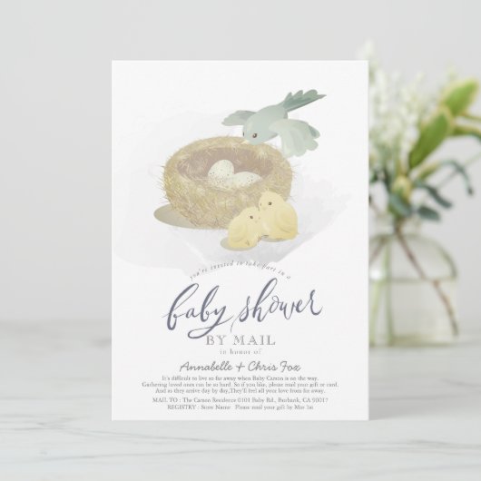 鳥の巣の青い男の子の赤ちゃんシャワー（郵便） 招待状 (スタンド正面)