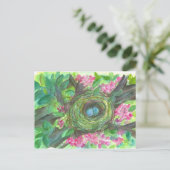 鳥の巣ロビン卵ピンクの花の木 ポストカード (スタンド正面)