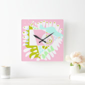 鳥の巣 – フラミンゴピンクホワイト スクエア壁時計 (ホーム)