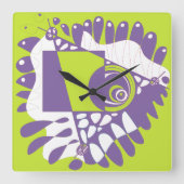 鳥の巣 – ライム紫 スクエア壁時計 (正面)