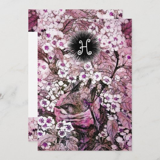 鳥の巣、木の白ピンクの春の花モノグラム 案内状 (正面/裏面)