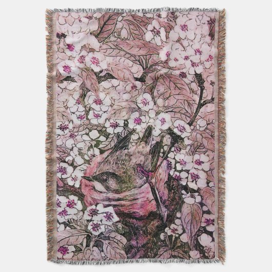 鳥の巣、木、ピンクの白い春の花フローラ スローブランケット (正面縦)