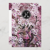 鳥の巣、木、白いピンクの春の花のモノグラム 案内状 (正面/裏面)