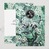 鳥の巣、木、白い青い春の花のモノグラム 案内状 (正面/裏面)