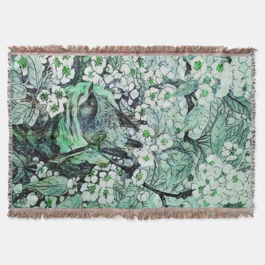 鳥の巣、木、緑の白い春の花フローラ スローブランケット (正面)