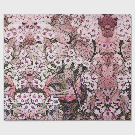 鳥の巣，白いピンクの春の花と木 ラッピングペーパー (フラット)