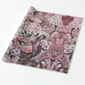鳥の巣，白いピンクの春の花と木 ラッピングペーパー (アンロールド)
