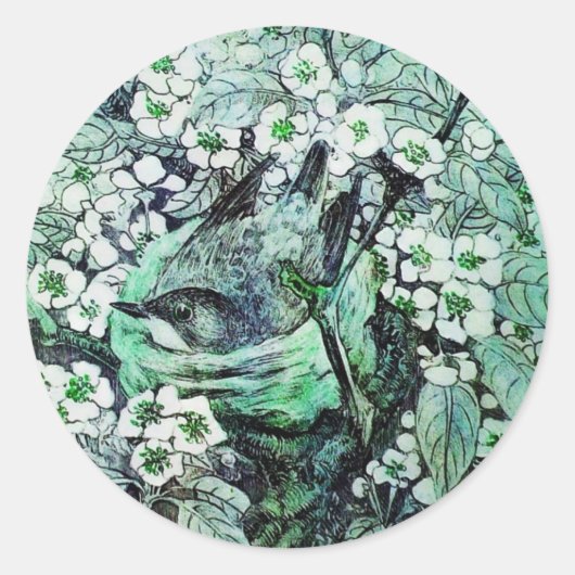 鳥の巣,白い緑の春の花の木 ラウンドシール (正面)