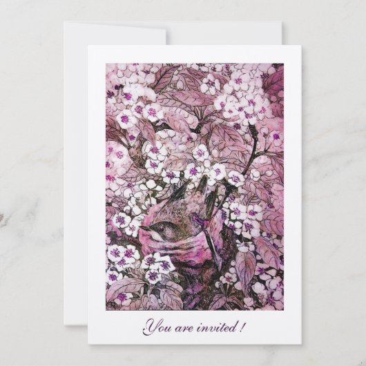 鳥の巣、白い赤いピンクの春の花がある木 招待状 (正面)