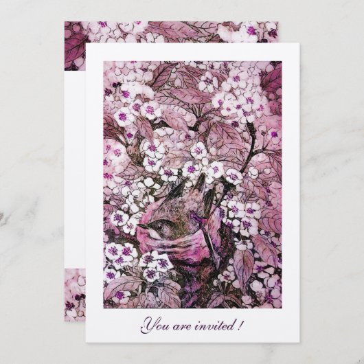 鳥の巣、白い赤いピンクの春の花がある木 招待状 (正面/裏面)