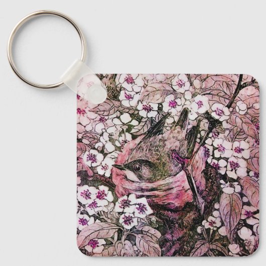 鳥の巣，白い赤のピンク キーホルダー (正面)