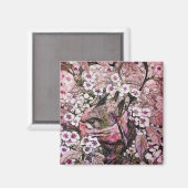 鳥の巣，赤い白ピンクの春の花フローラ マグネット (正面/裏面)