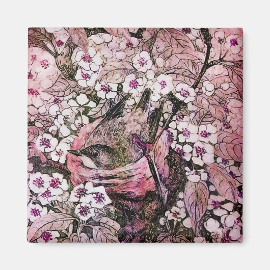 鳥の巣，赤い白ピンクの春の花フローラ マグネット (正面)