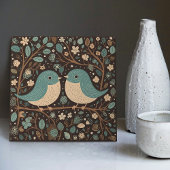 鳥の愛ヴィンテージミュート茶色の青アールヌーボー タイル