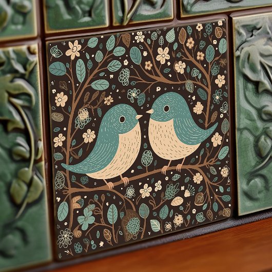 鳥の愛ヴィンテージミュート茶色の青アールヌーボー タイル