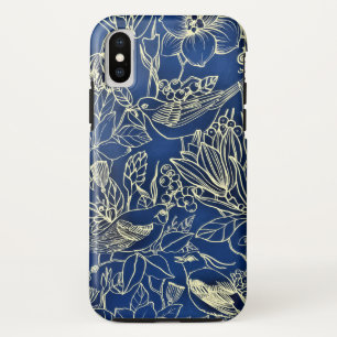 鳥の春フローラブロッサムブルーグリッター iPhone X ケース