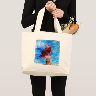 鳥の月絵画のフクロウ ラージトートバッグ