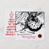 鳥の木とクリスマスの女性 黒 白 赤の宝石 招待状 (正面/裏面)