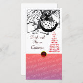鳥の木とクリスマスレディ白黒赤い宝石 シーズンカード (正面/裏面)