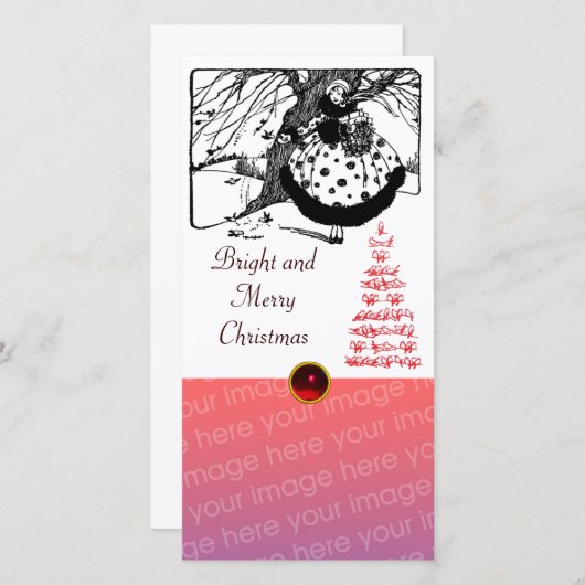 鳥の木とクリスマスレディ白黒赤い宝石 シーズンカード (正面/裏面)