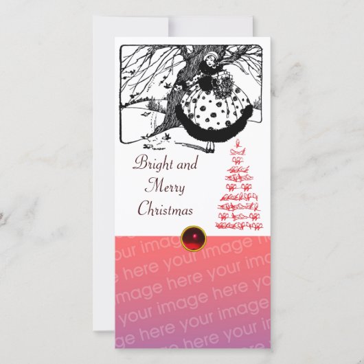 鳥の木とクリスマスレディ白黒赤い宝石 シーズンカード (正面)