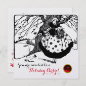 鳥の木とクリスマスレディ白黒赤い宝石 招待状 (正面/裏面)