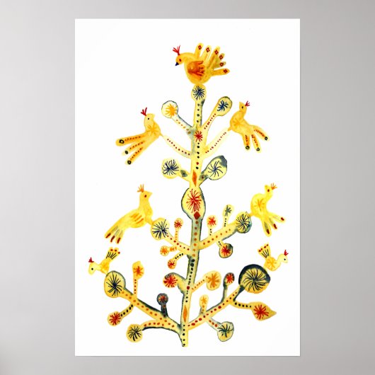 鳥の木の生活のフォークアートウォーター色 ポスター (正面)