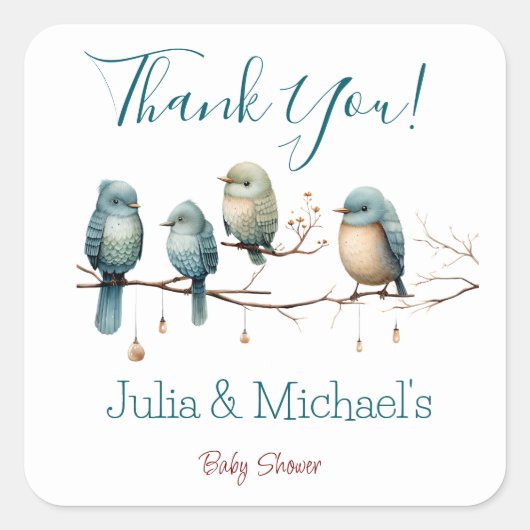 鳥の枝お洒落にパステルベビーシャワー スクエアシール (正面)