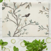 鳥の枝の水彩画 ベージュの自然画 キッチンタオル (折り畳み)
