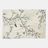 鳥の枝の水彩画 ベージュの自然画 キッチンタオル (横)