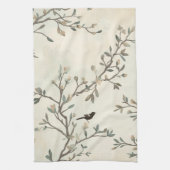 鳥の枝の水彩画 ベージュの自然画 キッチンタオル (縦)