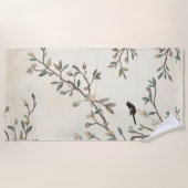 鳥の枝の水彩画 ベージュの自然画 ビーチタオル (正面)
