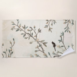 鳥の枝の水彩画 ベージュの自然画 ビーチタオル