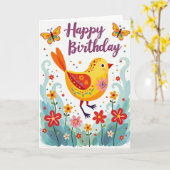 鳥の柄の誕生日カード カード (黄色い花)