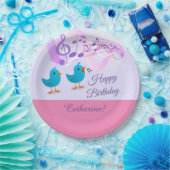 鳥の歌ハッピーバースデーガーリーピンクミュージックノート ペーパープレート (パーティー)