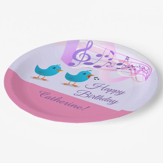 鳥の歌ハッピーバースデーガーリーピンクミュージックノート ペーパープレート (アングル)