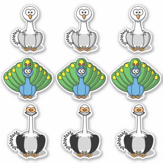 鳥の白鳥、孔雀、ダチョウの漫画 シール (正面)